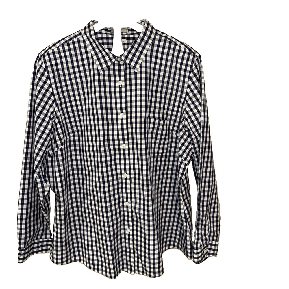 L.L.Bean Womens Checkered Button Down Top Wrinkle Free Blue White Size 3X Casual